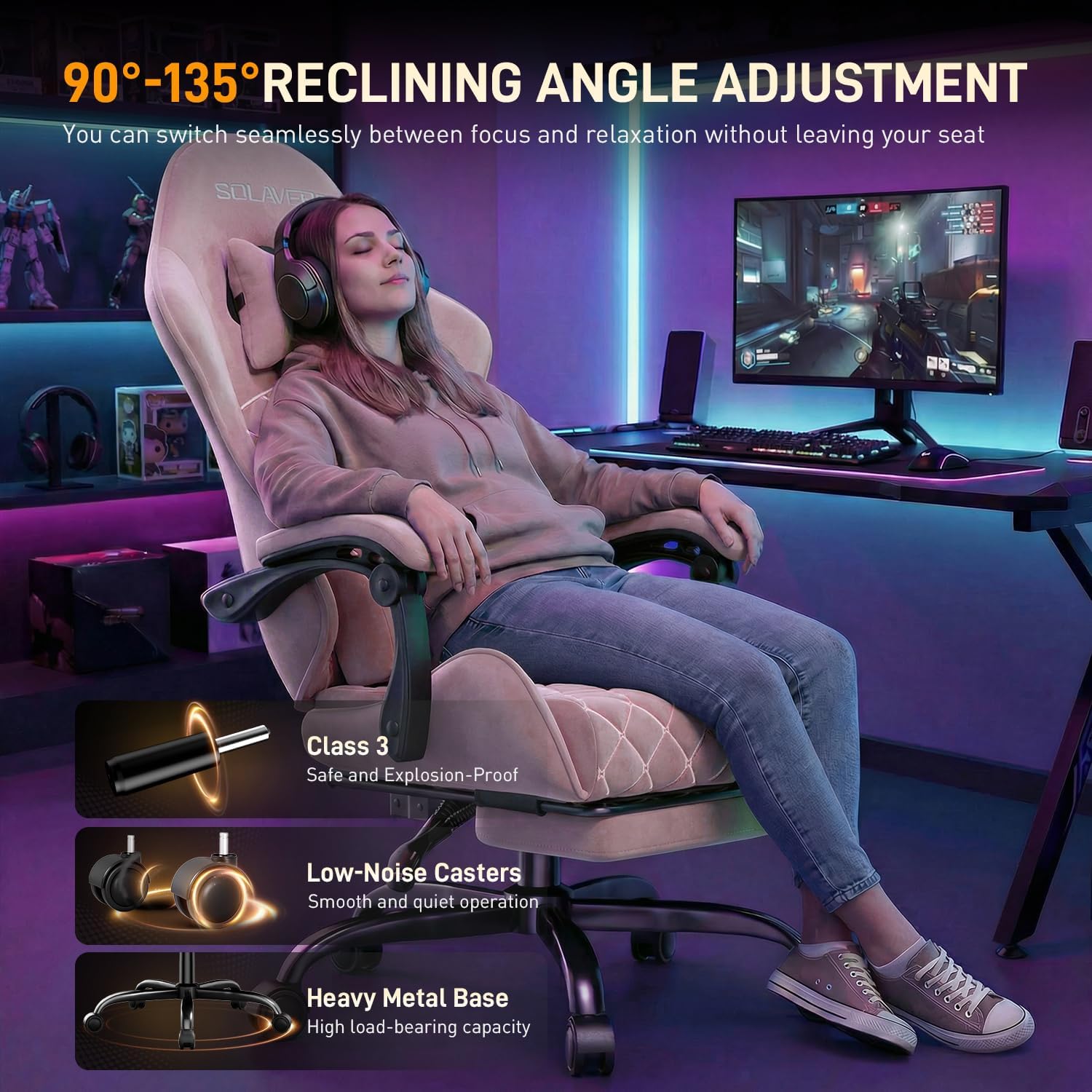 HLDIRECT Gaming Chair, Ergonomic Fabric Gamer Chair, Video Game Chair with Footrest and Massage Lumbar Cushion, Computer Office Chair