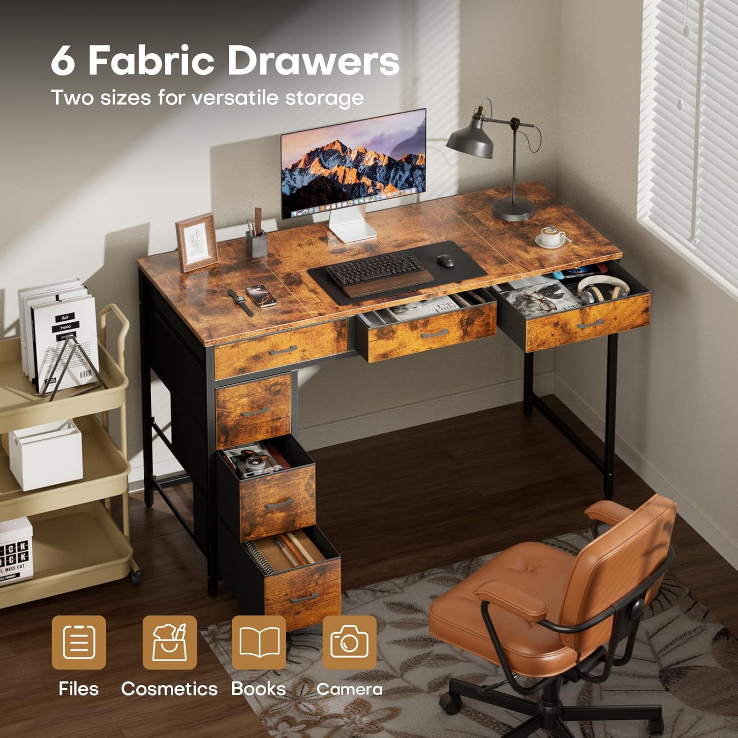 HLDIRECT 47 inch Computer Desk with 6 Drawers, Reversible Home Office Desk with Storage, Office Desk for Home Office, Writing, Study, Work, Living Room