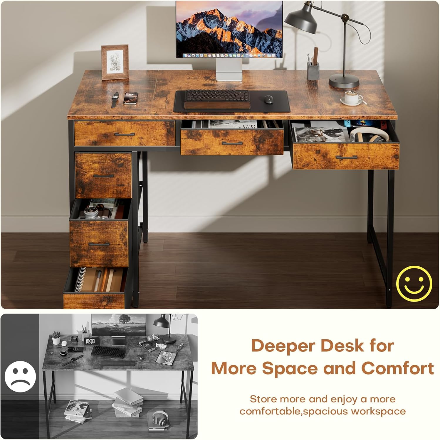 HLDIRECT 47 inch Computer Desk with 6 Drawers, Reversible Home Office Desk with Storage, Office Desk for Home Office, Writing, Study, Work, Living Room