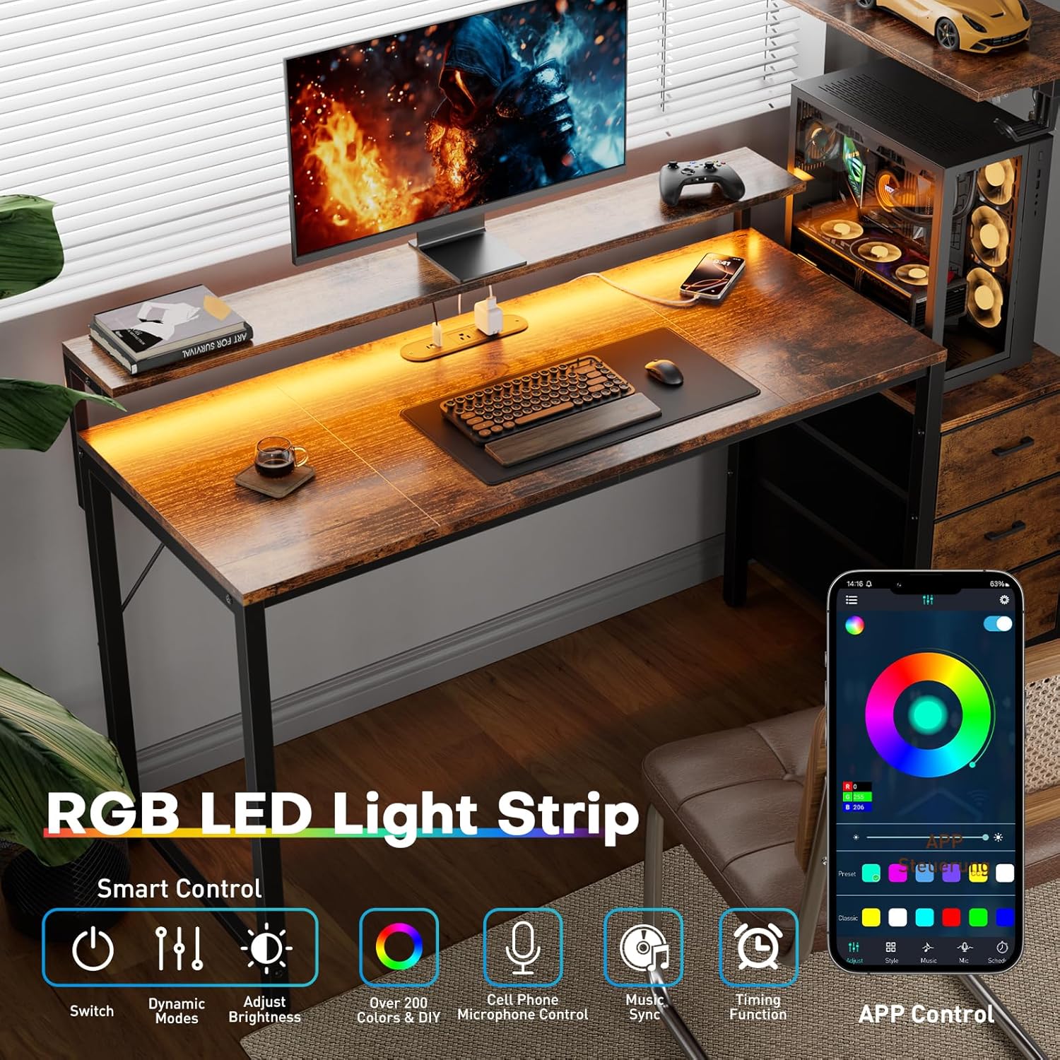 44 inch Gaming Desk with Led Lights & Outlets, Computer Desk with 3 Drawers & Shelves, Gamer Desk with Monitor Stand & Side Hooks for Game Room, Home Office