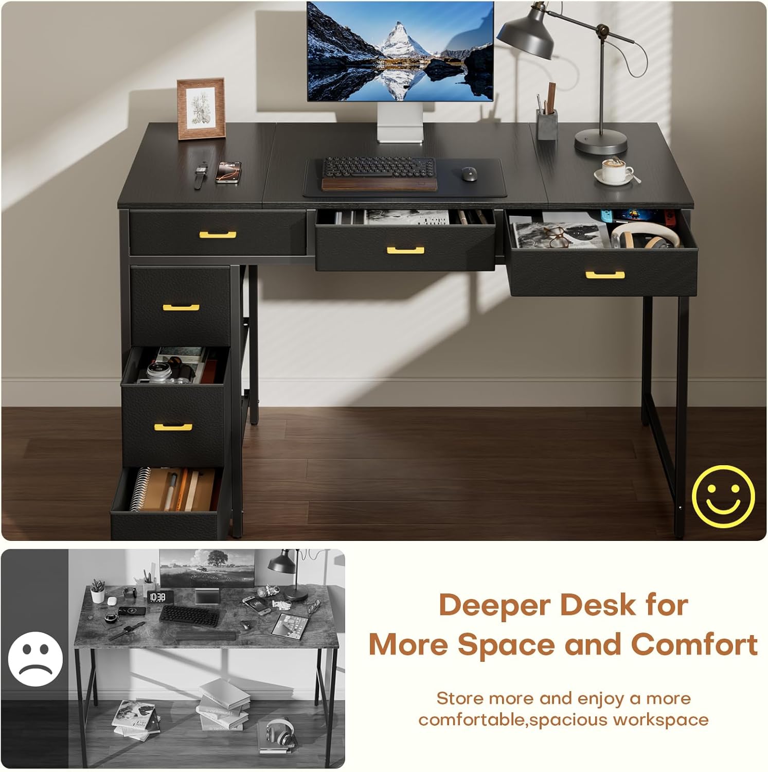 HLDIRECT 47 inch Computer Desk with 6 Drawers, Reversible Home Office Desk with Storage, Office Desk for Home Office, Writing, Study, Work, Living Room
