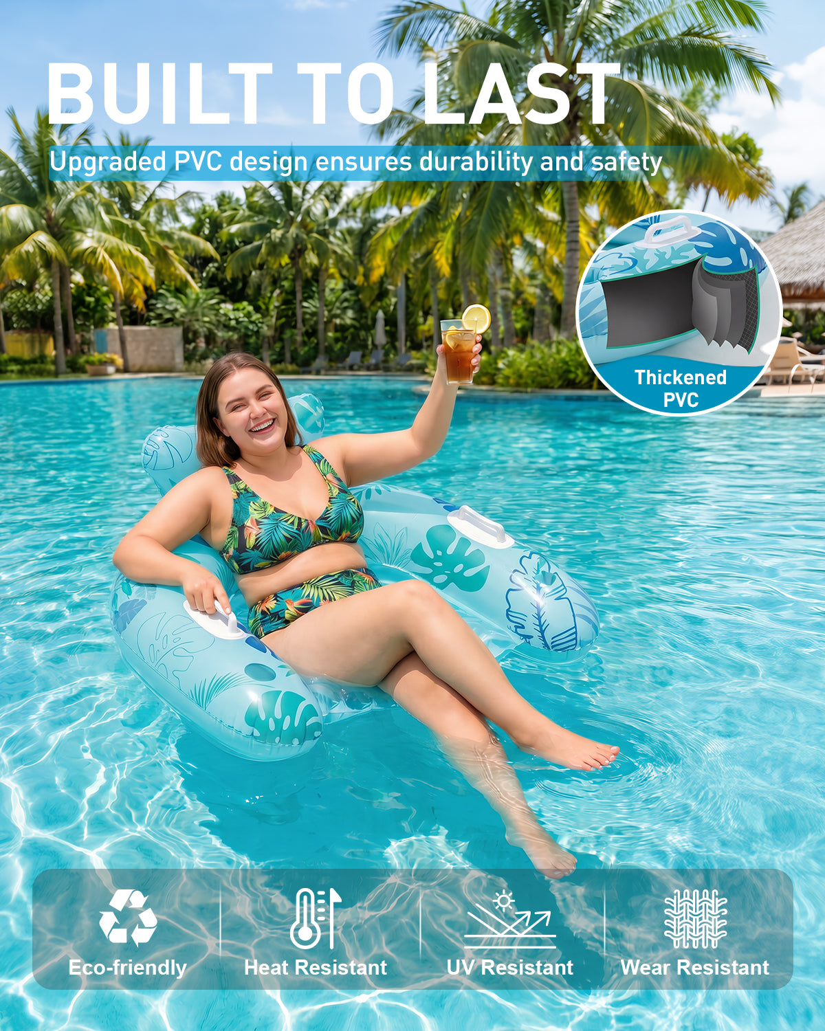 HLDIRECT Floating Pool Lounger with Cup Holders & Ergonomic Headrest | Inflatable Water Chair for Pool Parties, Lake, Ocean, with Handles for Easy Carry