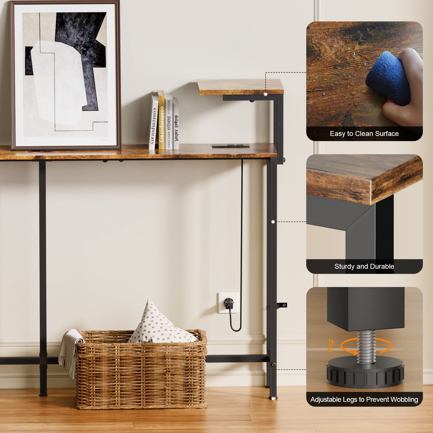 71 Inch Narrow Console Table with Outlet, Behind Couch Table with Double Storage Shelves, Narrow Long Sofa Table with LED Light for Living Room