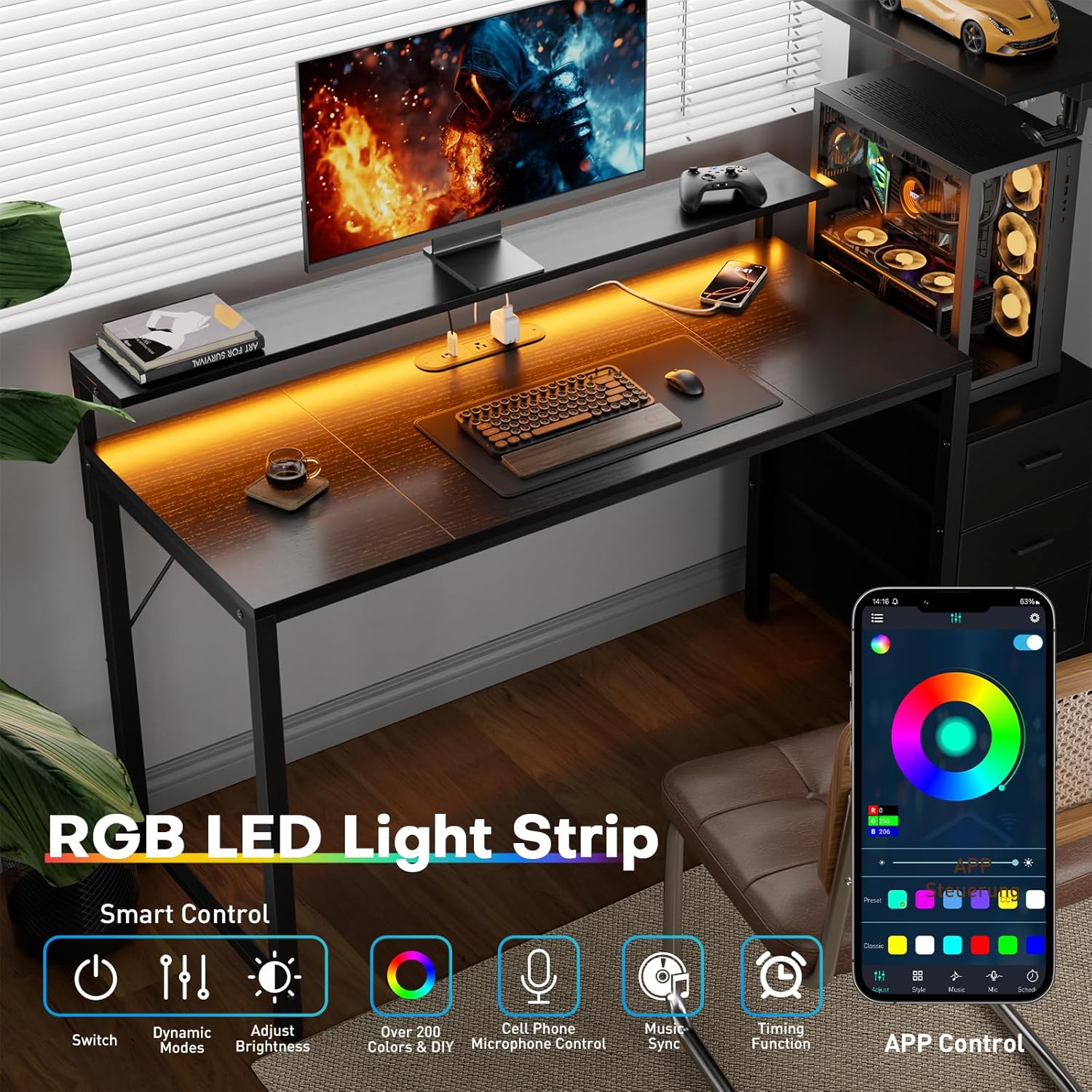 60 inch Gaming Desk with Led Lights & Outlets, Computer Desk with 3 Drawers & Shelves, Gamer Desk with Monitor Stand & Side Hooks for Game Room, Home Office