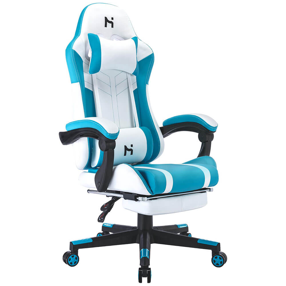 HLDIRECT Ergonomic Gaming Chairs for Adults with Headrest and Lumbar Support, Whtie & Blue