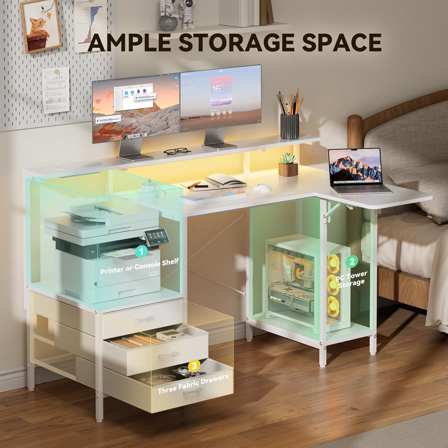 HLDIRECT 55 inch Gaming Desk with Power Outlets & LED Lights, Computer Desk with 3 drawers & Storage Shelves, Gaming Table with Monitor Stand and Foldable Tabletop