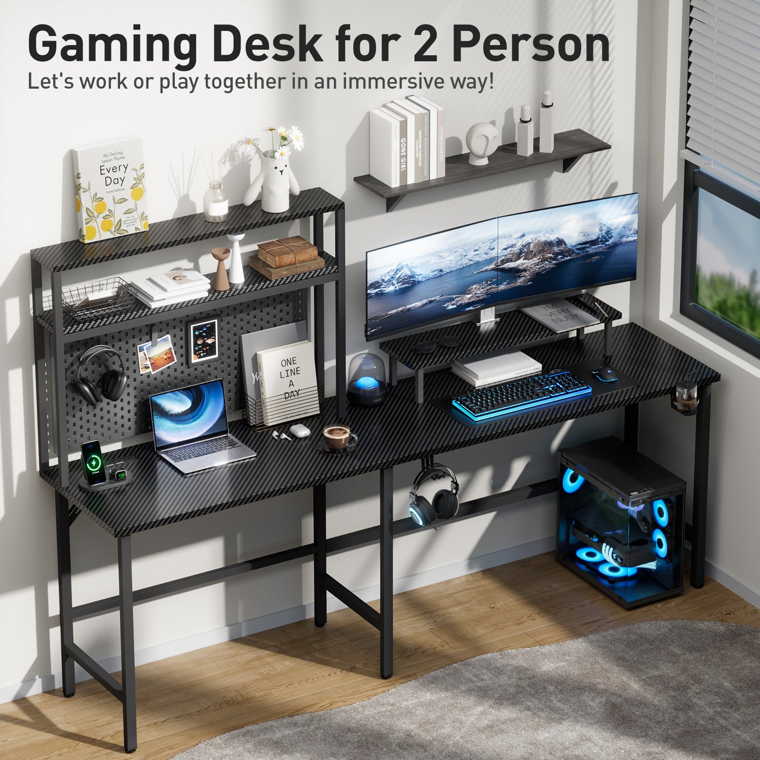HLDIRECT L Shaped Gaming Desk with LED Light & Power Outlet- 67 Inch Reversible Computer Desk with Shelves and Monitor Stand, Ergonomic Carbon Fiber Corner Desk with Cup Holder & 2 Heaphone Hooks