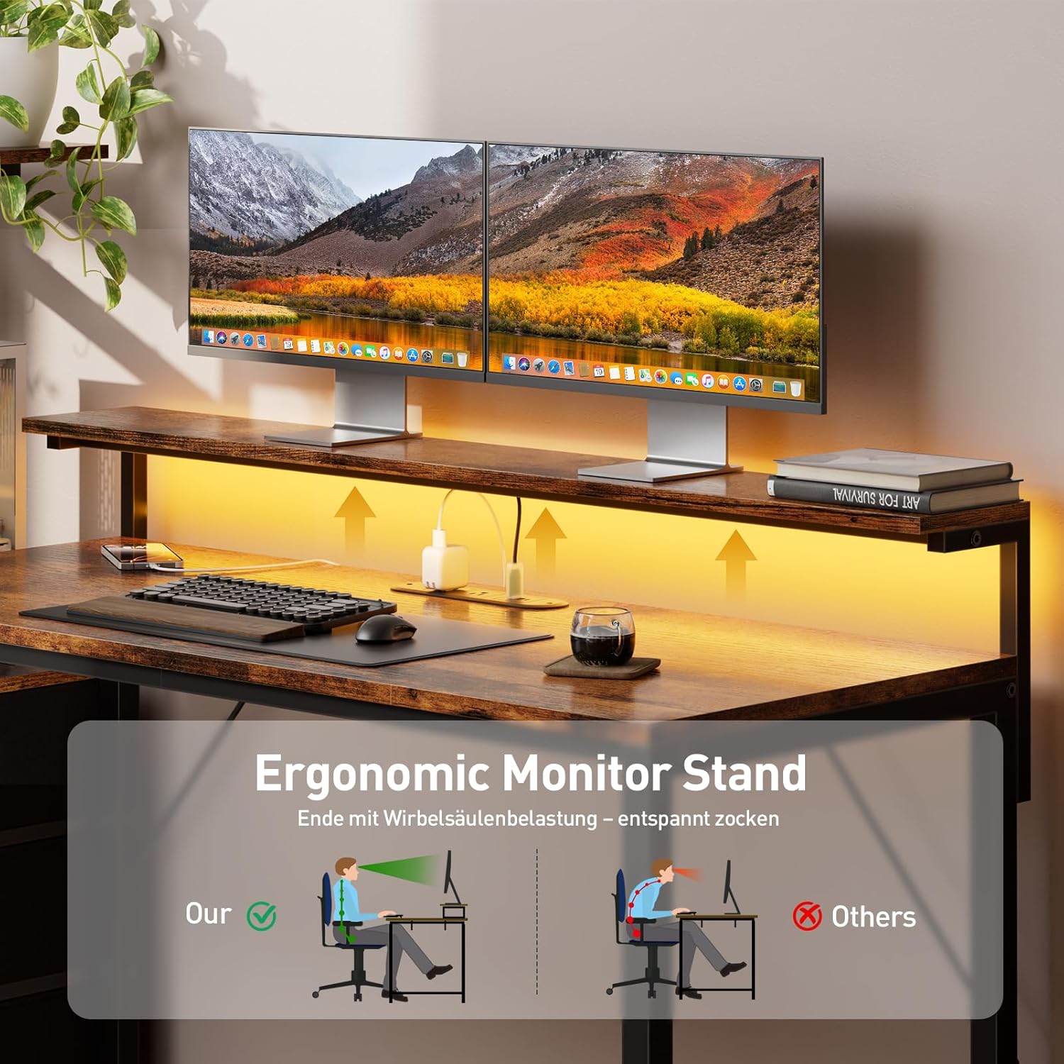 44 inch Gaming Desk with Led Lights & Outlets, Computer Desk with 3 Drawers & Shelves, Gamer Desk with Monitor Stand & Side Hooks for Game Room, Home Office