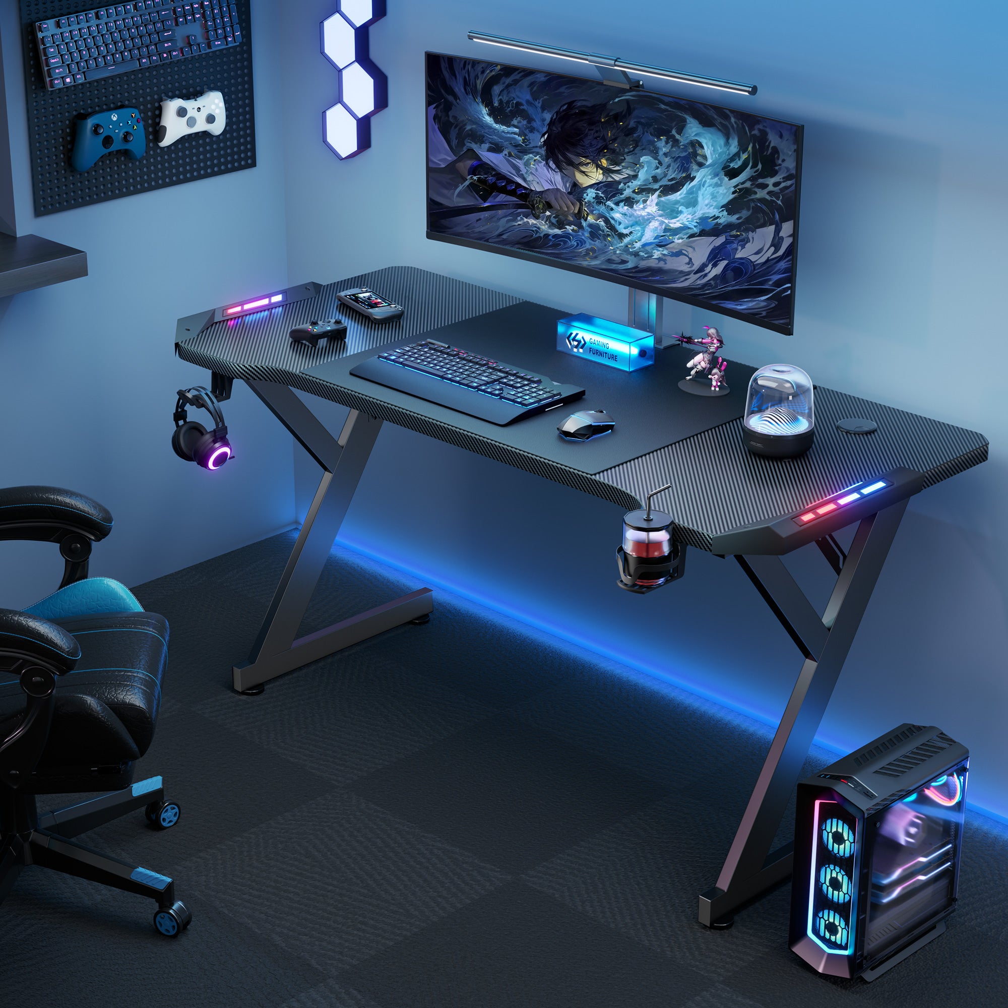 HLDIRECT 55 Inch Gaming Desk with LED Lights with Headphone Hook, Cup Holder, Black