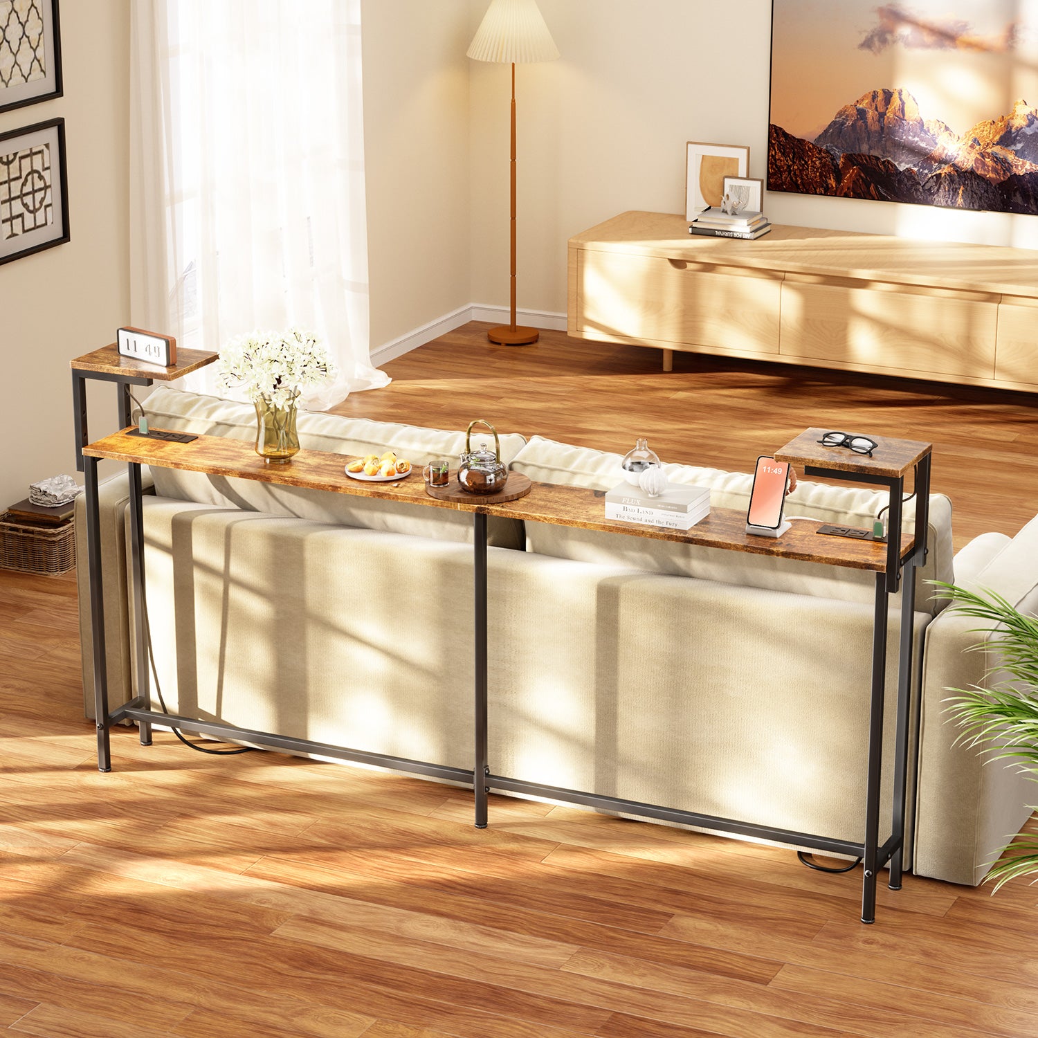 71 Inch Narrow Console Table with Outlet, Behind Couch Table with Double Storage Shelves, Narrow Long Sofa Table with LED Light for Living Room