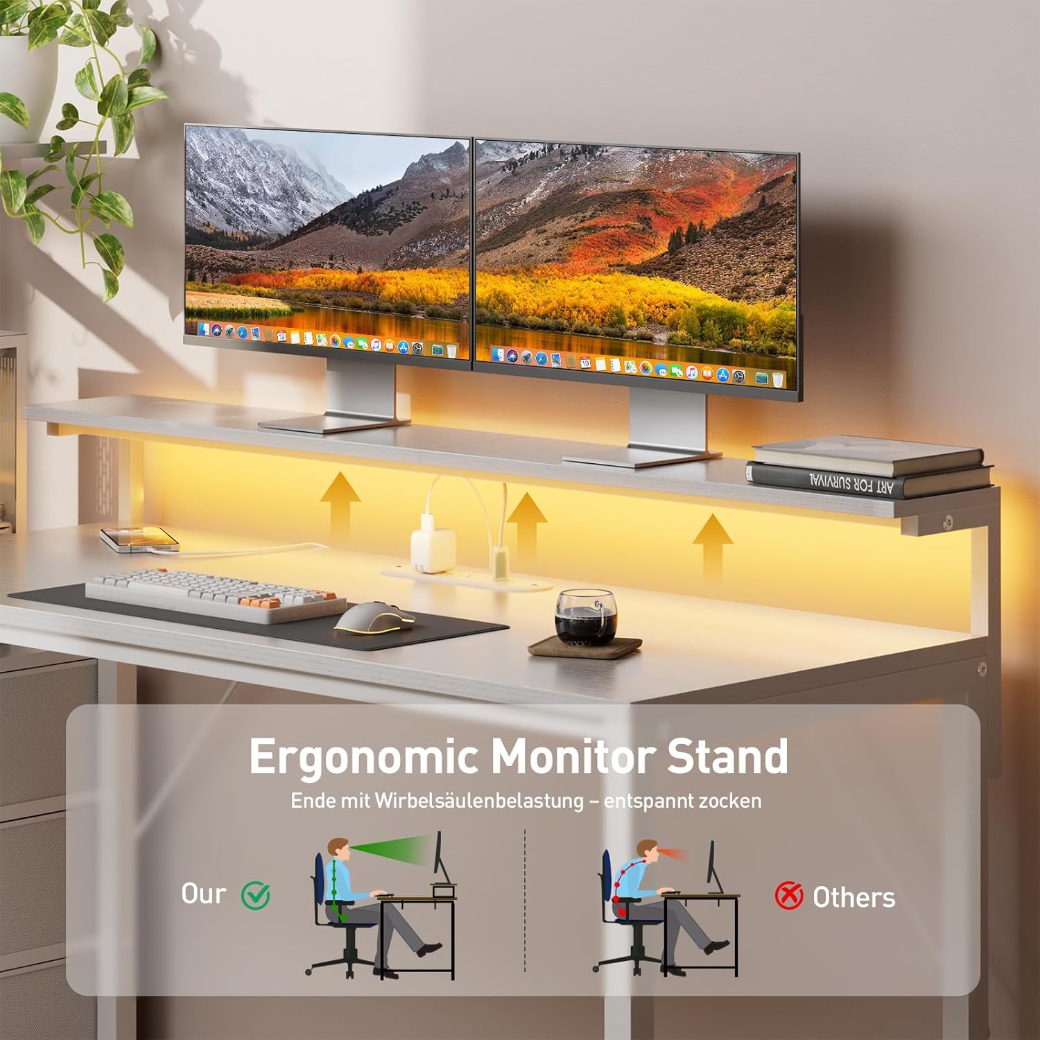 44 inch Gaming Desk with Led Lights & Outlets, Computer Desk with 3 Drawers & Shelves, Gamer Desk with Monitor Stand & Side Hooks for Game Room, Home Office