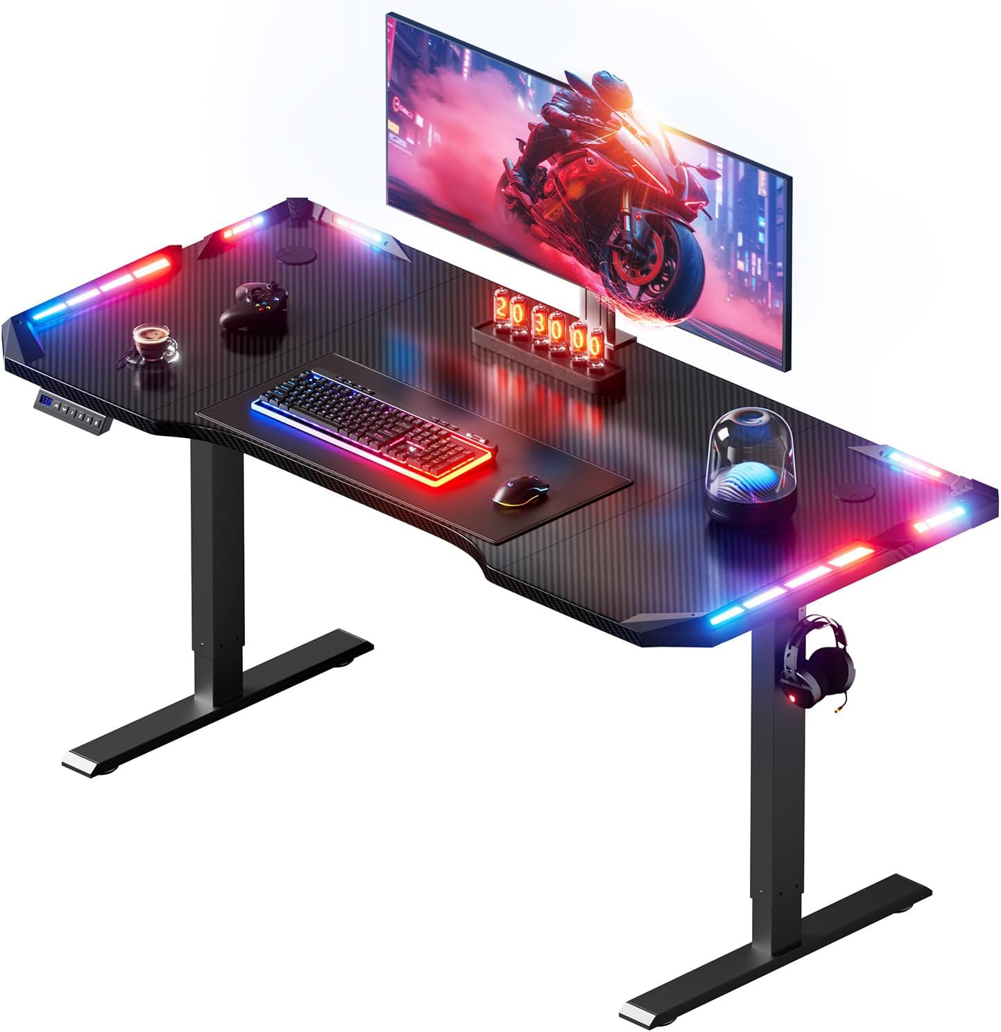 HLDIRECT Gaming Standing Desk with LED Lights, Home Office Gamer Desk, Computer Table