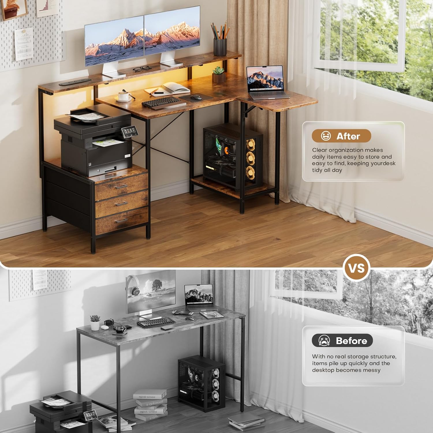 HLDIRECT 55 inch Gaming Desk with Power Outlets & LED Lights, Computer Desk with 3 drawers & Storage Shelves, Gaming Table with Monitor Stand and Foldable Tabletop