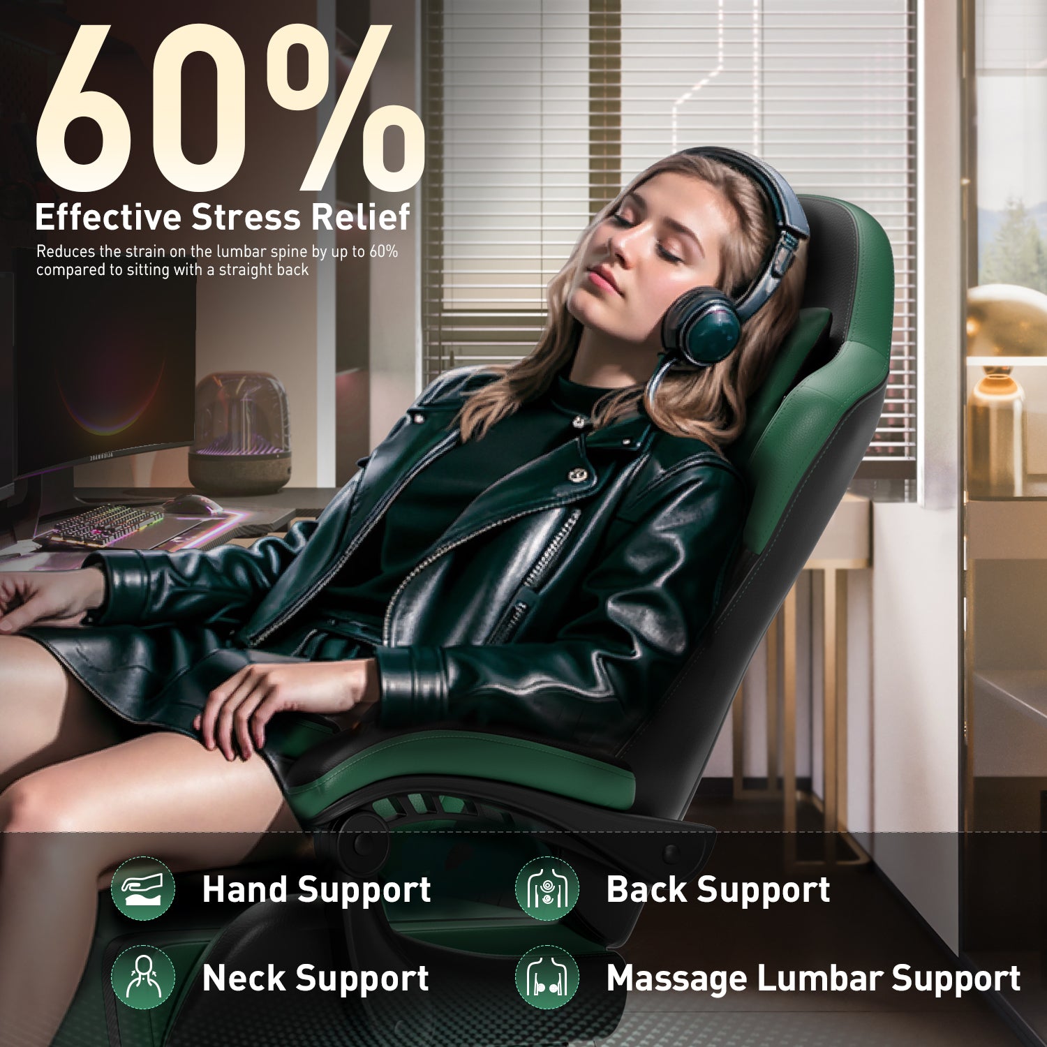 HLDIRECT Gaming Chair with Pocket Spring Cushion, Video Game Chair, Gaming Computer Chair, Ergonomic Chairs for Adults with Headrest and Lumbar Support, Swivel PU Leather Office Chair, Green