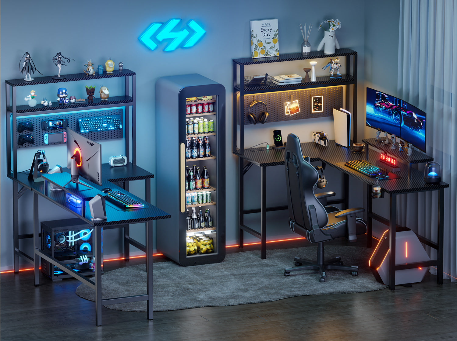 HLDIRECT L Shaped Gaming Desk with LED Light & Power Outlet- 59 Inch Reversible Computer Desk with Shelves and Monitor Stand, Ergonomic Carbon Fiber Corner Desk with Cup Holder & 2 Heaphone Hooks