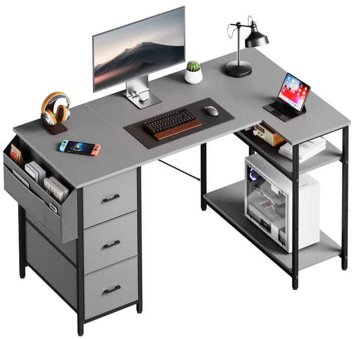HLDIRECT L Shaped Computer Desk with Drawers & Storage Shelves