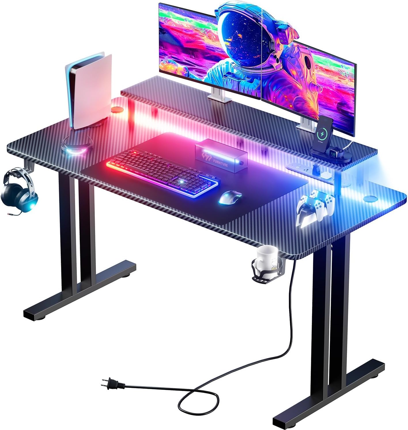 HLDIRECT Gaming Desk with LED Lights & Power Outlet, Computer Gamer Desk with Monitor Stand, Ergonomic Carbon Fiber Gaming Table Home Office Desk with Cup Holder, Headphone Hook & Mouse Pad