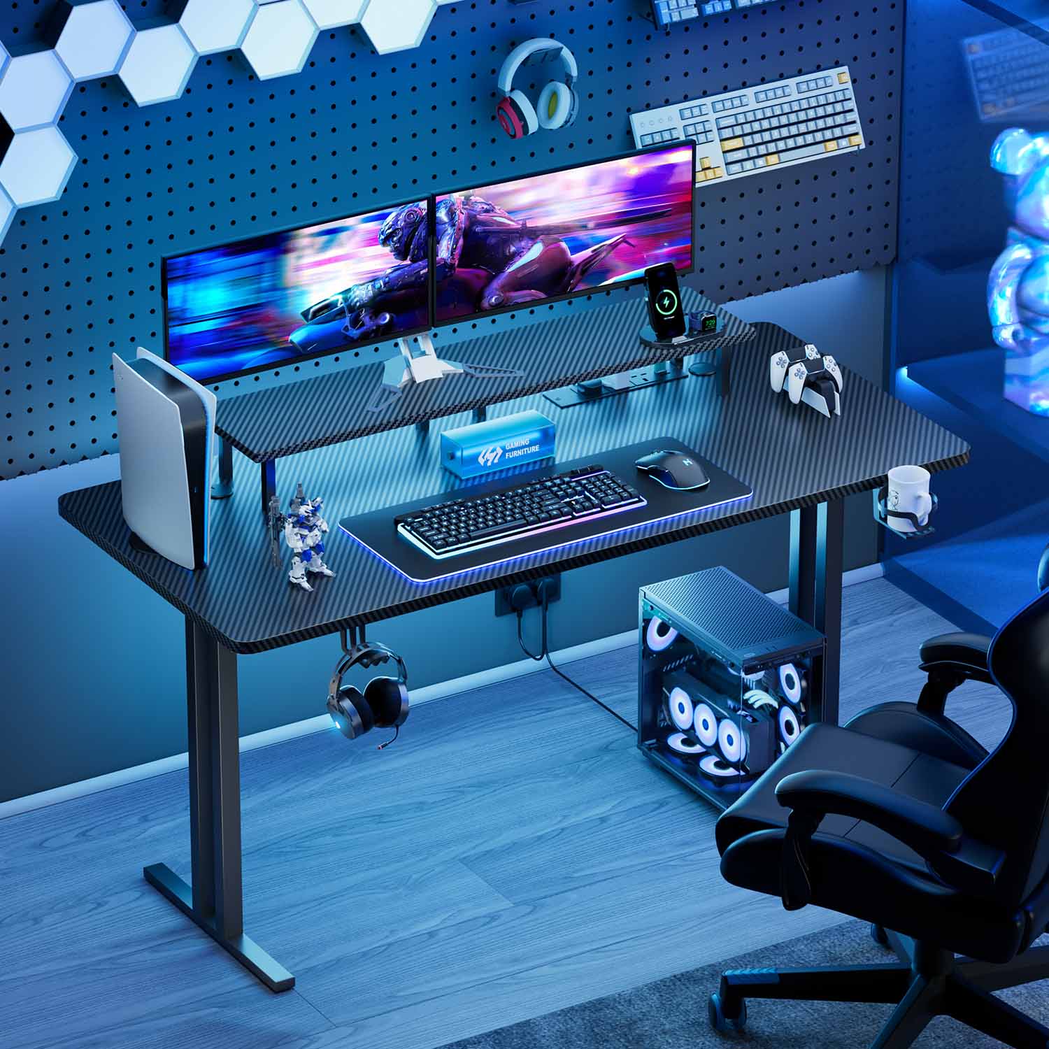 HLDIRECT 47 Inch Gaming Desk with LED Lights & Power Outlet, Computer Gamer Desk with Monitor Stand, Ergonomic Carbon Fiber Gaming Table Home Office Desk with Cup Holder, Headphone Hook & Mouse Pad