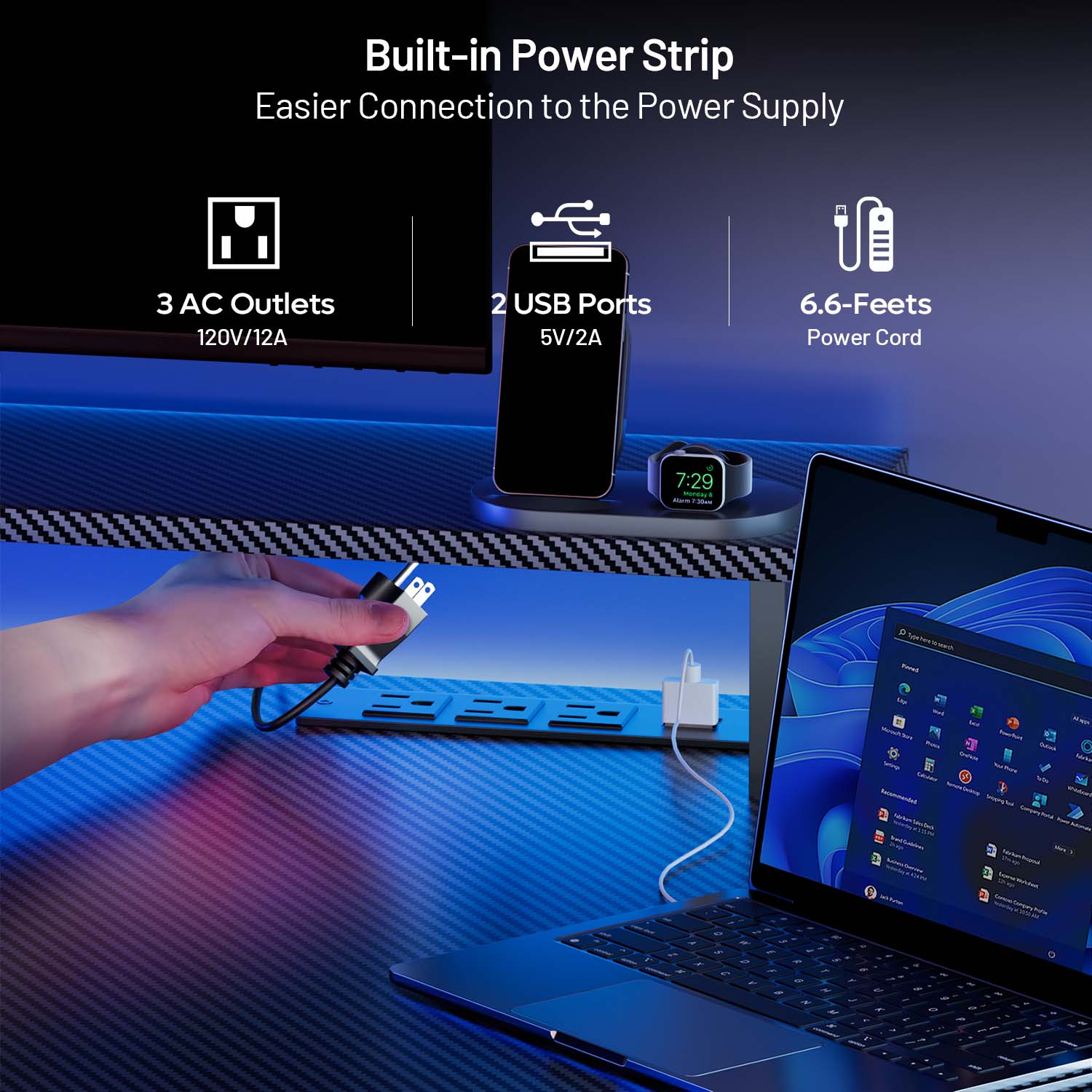 HLDIRECT 55 Inch Gaming Desk with LED Lights & Power Outlet, Computer Gamer Desk with Monitor Stand, Ergonomic Carbon Fiber Gaming Table Home Office Desk with Cup Holder, Headphone Hook & Mouse Pad