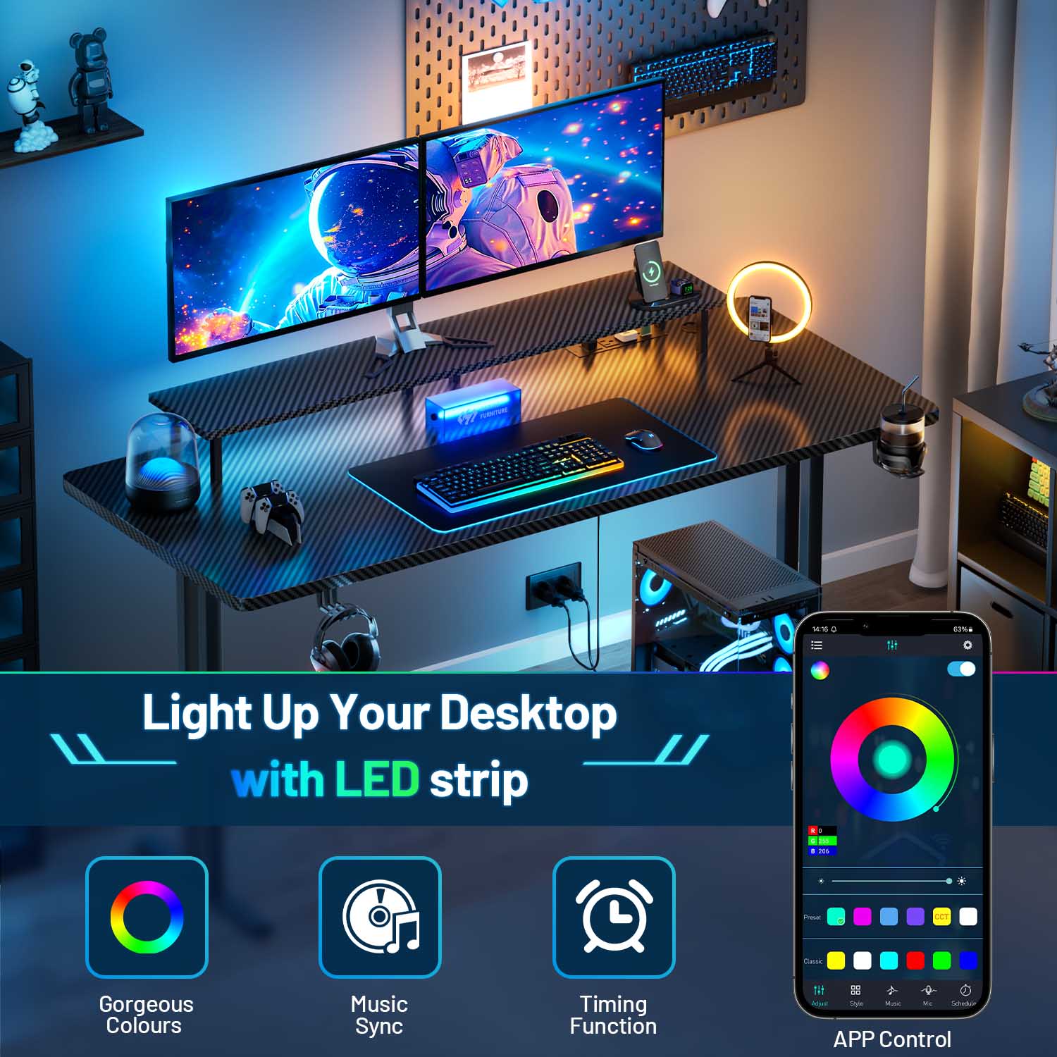 HLDIRECT 55 Inch Gaming Desk with LED Lights & Power Outlet, Computer Gamer Desk with Monitor Stand, Ergonomic Carbon Fiber Gaming Table Home Office Desk with Cup Holder, Headphone Hook & Mouse Pad