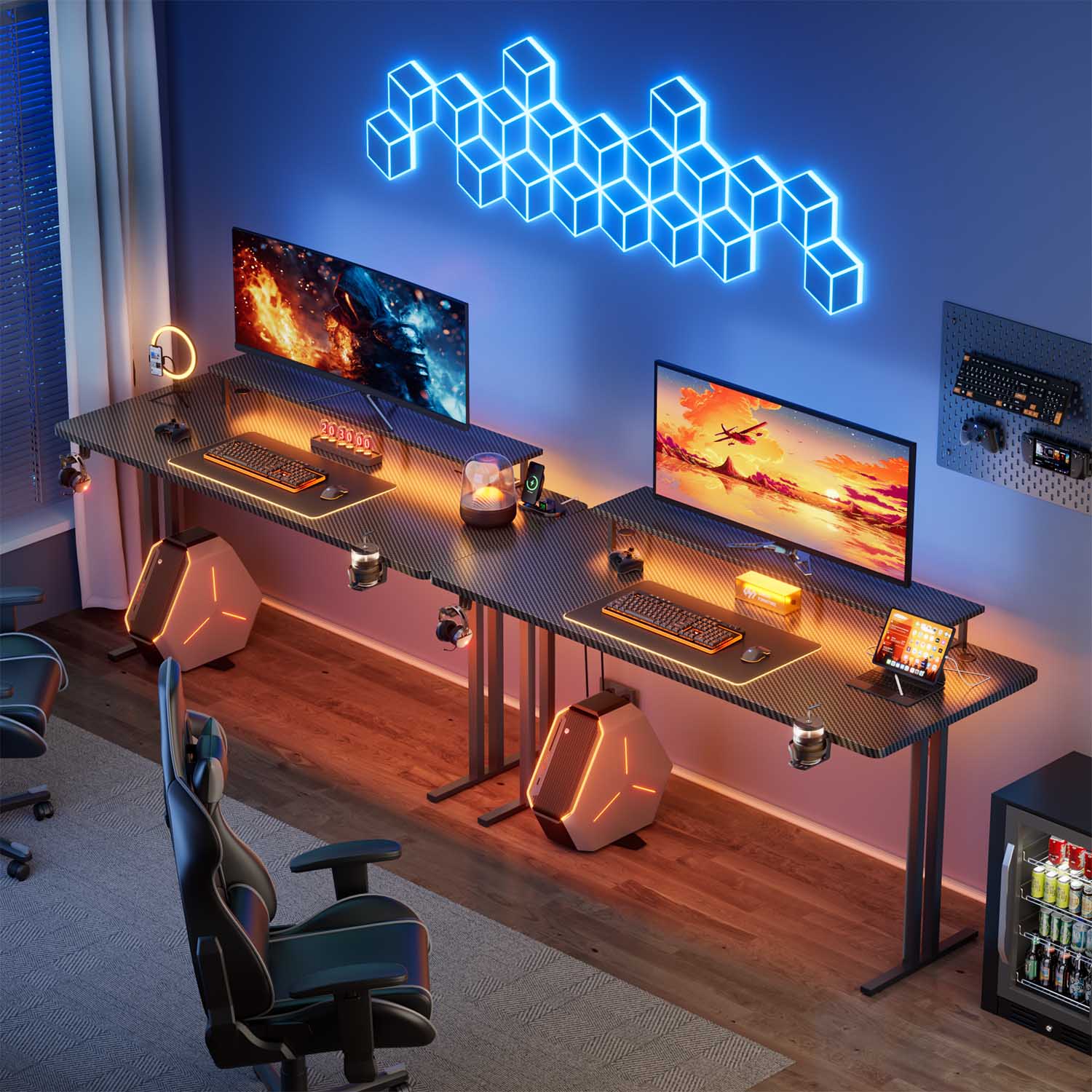 HLDIRECT 55 Inch Gaming Desk with LED Lights & Power Outlet, Computer Gamer Desk with Monitor Stand, Ergonomic Carbon Fiber Gaming Table Home Office Desk with Cup Holder, Headphone Hook & Mouse Pad