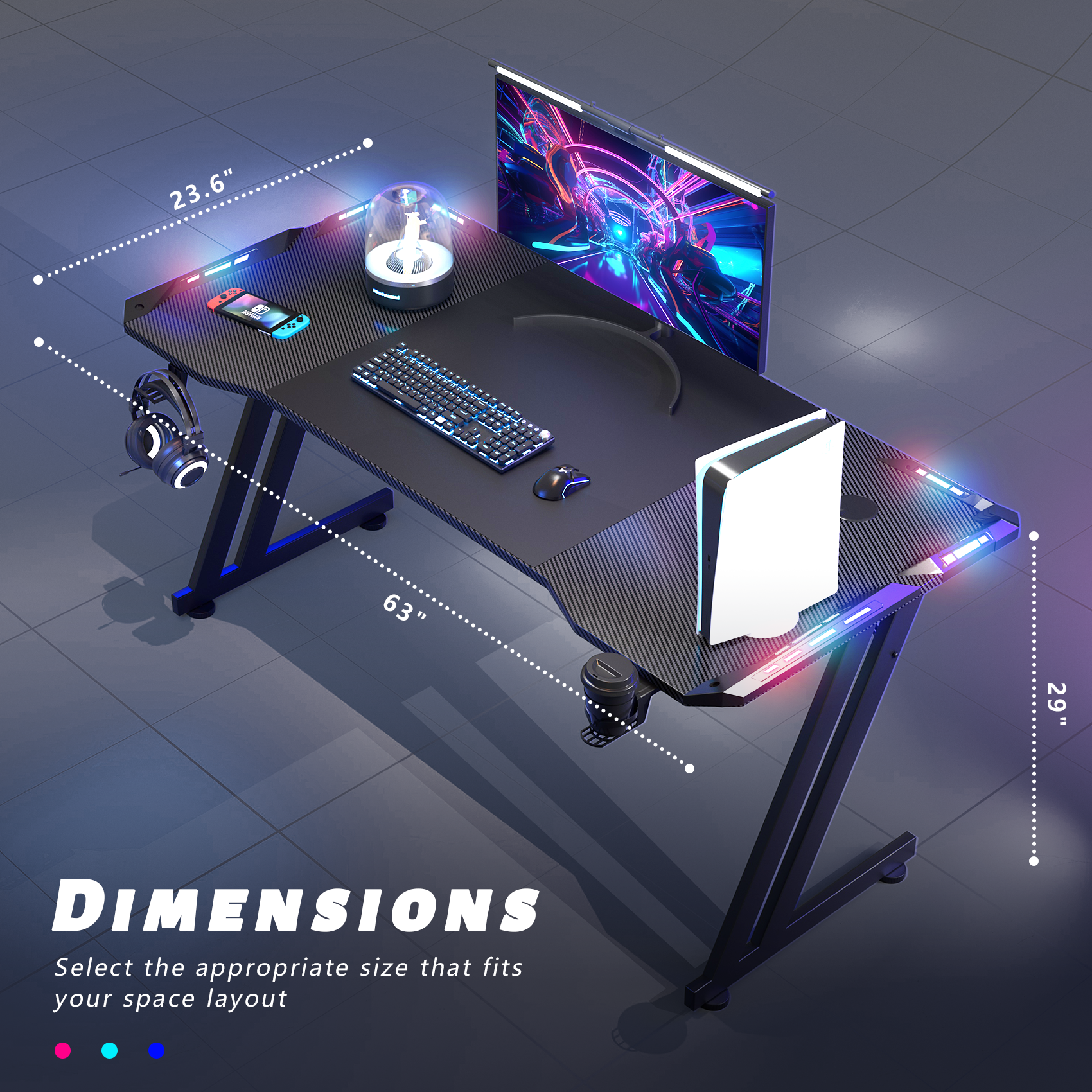 HLDIRECT 63 inch Gaming Desk with LED, PC Table with Cup Holder&Headphone Hook for Adult and Teen