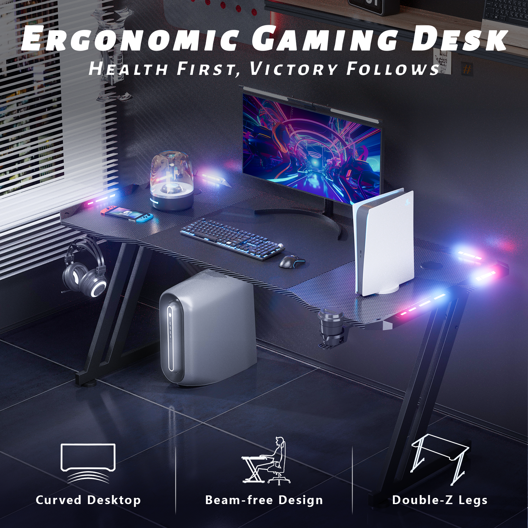 HLDIRECT 63 inch Gaming Desk with LED, PC Table with Cup Holder&Headphone Hook for Adult and Teen