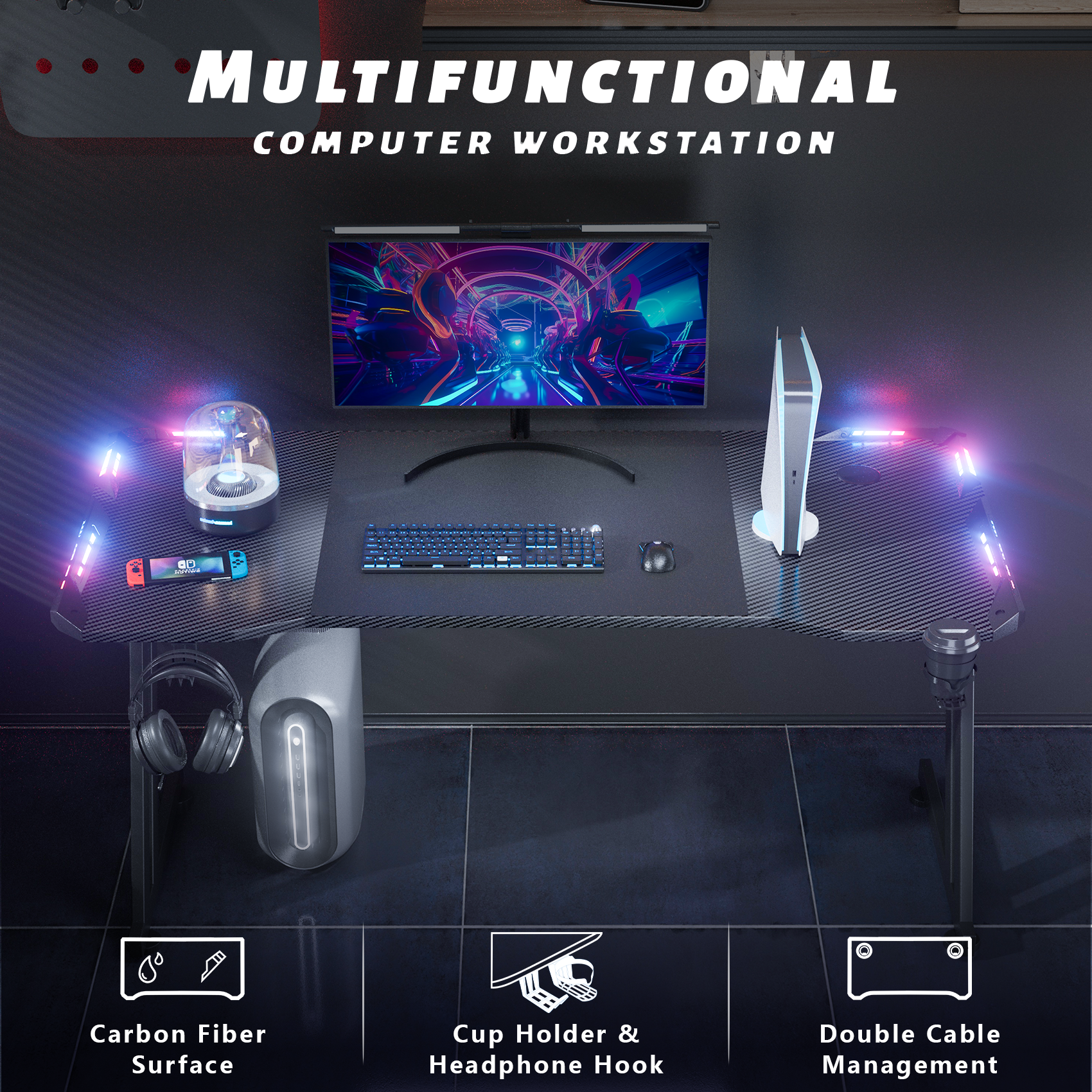 HLDIRECT 63 inch Gaming Desk with LED, PC Table with Cup Holder&Headphone Hook for Adult and Teen