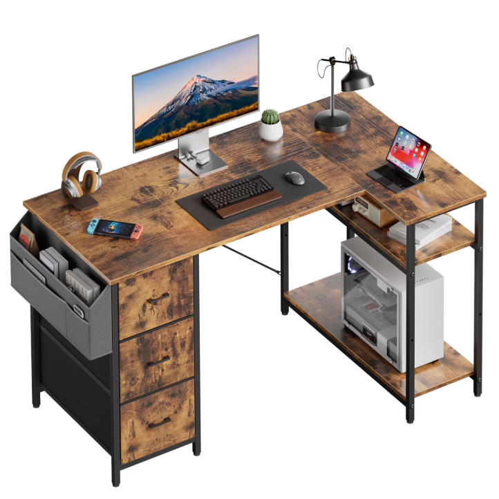 HLDIRECT L Shaped Computer Desk with Drawers & Storage Shelves