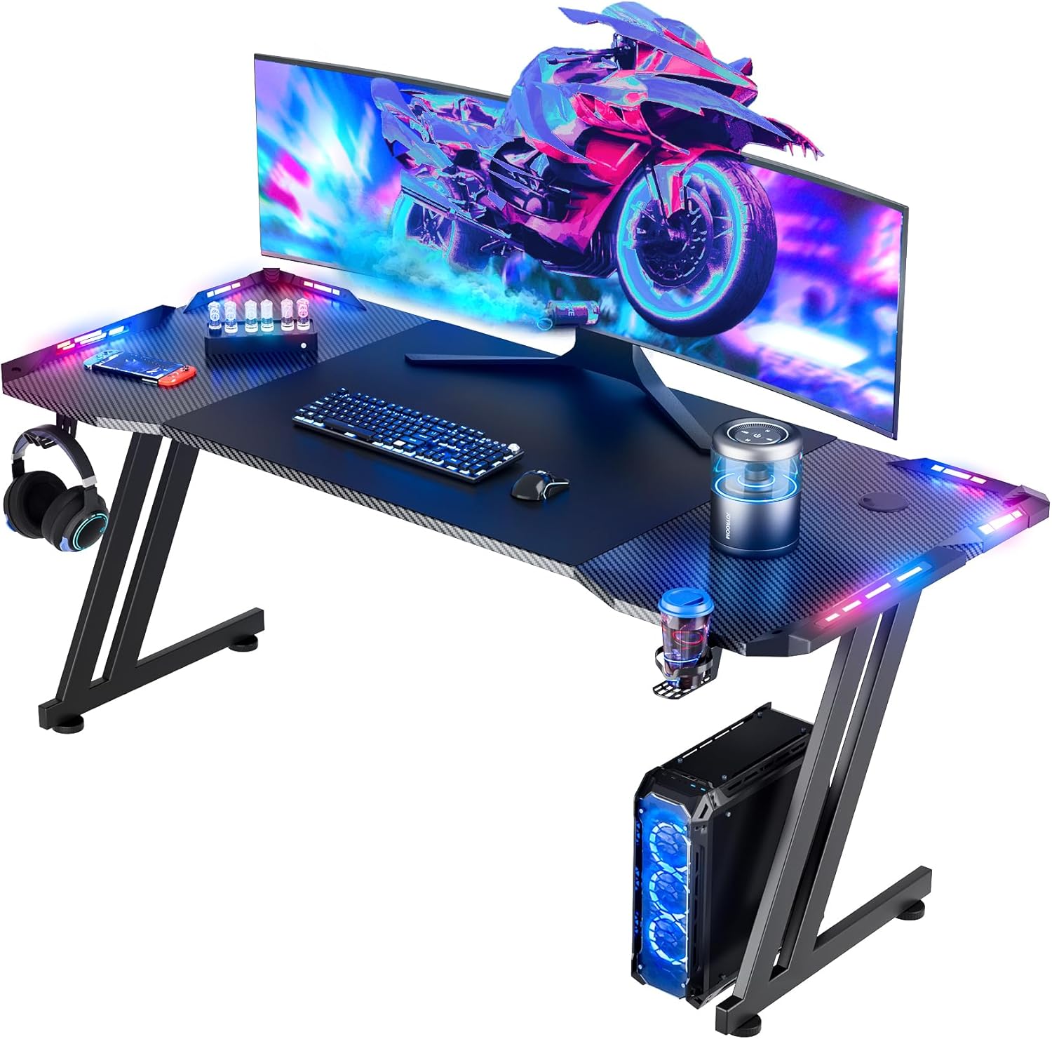 HLDIRECT 63 inch Gaming Desk with LED, PC Table with Cup Holder&Headphone Hook for Adult and Teen
